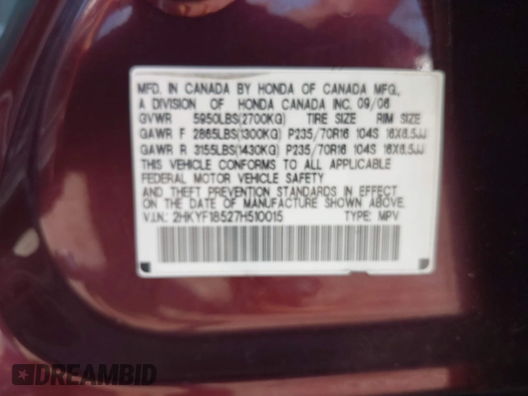 2007 Honda Pilot EX-L with VIN 2HKYF18527H510015, listed as a IAAI auction lot 42720416 with 155,685 mi miles and . Bid and sale history available at DreamBid. Image 9.