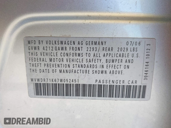 2007 Volkswagen Rabbit with VIN WVWDR71K67W052451, listed as a IAAI auction lot 41343935 with Not provided miles and . Bid and sale history available at DreamBid. Image 9.
