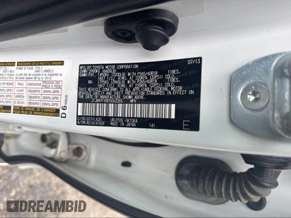 2013 Lexus GX 460 with VIN JTJBM7FX8D5063265, listed as a IAAI auction lot 42473764 with 194,599 mi miles and . Bid and sale history available at DreamBid. Image 9.