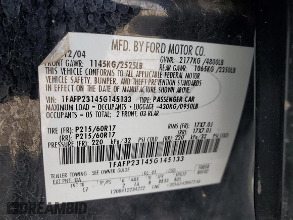 2005 Ford Five Hundred SE with VIN 1FAFP23145G145133, listed as a Copart auction lot 75796394 with 185,020 mi miles and Salvage Title. Bid and sale history available at carsss.com. Image 12.