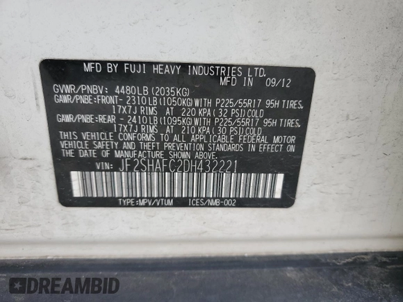 2013 Subaru Forester X Limited с VIN JF2SHAFC2DH432221, выставлен на аукционе Copart как лот 52303335 с пробегом 164 009 миль миль и Списание • Salvage title. История ставок и продаж доступна на DreamBid. Изображение 13.