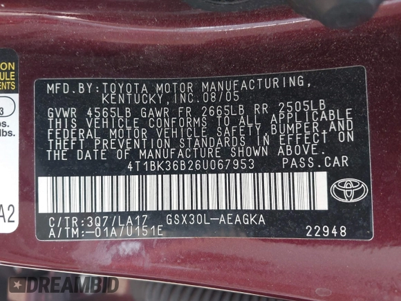 2006 Toyota Avalon XL with VIN 4T1BK36B26U067953, listed as a IAAI auction lot 41808908 with 266,175 mi miles. Bid and sale history available at carsss.com. Image 9.