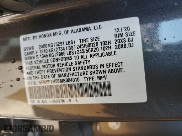 2021 Honda Passport EX-L with VIN 5FNYF7H58MB004010, listed as a Copart auction lot 49395925 with 45,864 mi miles and Salvage Title. Bid and sale history available at DreamBid. Image 15.