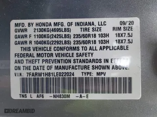2020 Honda CR-V EX-L with VIN 7FARW1H81LE022024, listed as a IAAI auction lot 41717302 with 59,287 mi miles. Bid and sale history available at carsss.com. Image 9.