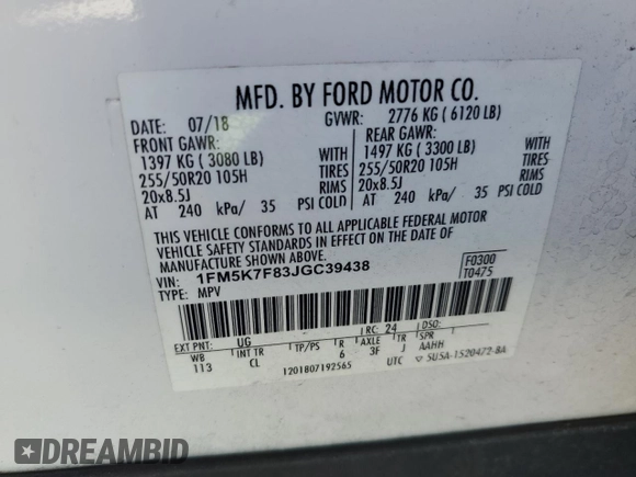 2018 Ford Explorer Limited z VIN 1FM5K7F83JGC39438, wystawiony jako Copart lot #64016245 z przebiegiem 103 898 mil mil oraz Szkoda całkowita • Salvage title. Historia ofert i sprzedaży dostępna na DreamBid. Obrazek 14.