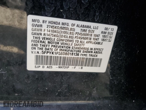 2013 Honda Ridgeline RTL with VIN 5FPYK1F58DB018136, listed as a Copart auction lot 61720925 with 184,020 mi miles and Salvage title. Bid and sale history available at DreamBid. Image 12.