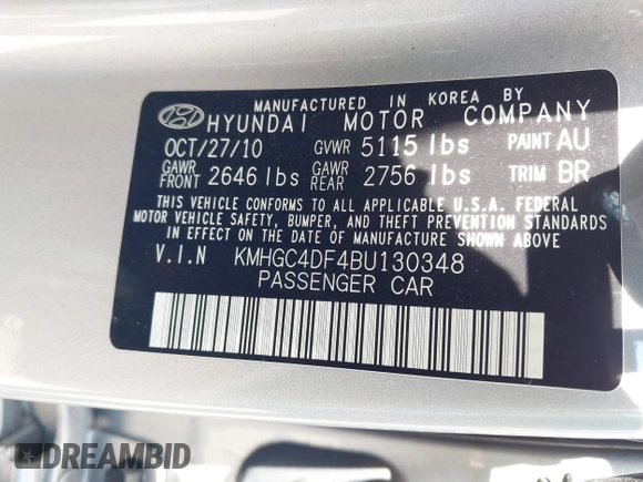 2011 Hyundai Genesis with VIN KMHGC4DF4BU130348, listed as a IAAI auction lot 41816459 with 151,650 mi miles and . Bid and sale history available at DreamBid. Image 9.