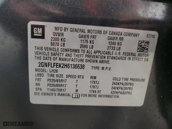 2017 Chevrolet Equinox LT with VIN 2GNFLFEK2H6136638, listed as a Copart auction lot 54166245 with 0 mi miles and Non Repairable. Bid and sale history available at carsss.com. Image 13.
