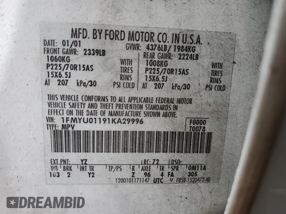 2001 Ford Escape XLS with VIN 1FMYU01191KA29996, listed as a Copart auction lot 86362534 with 265,271 mi miles and Salvage title. Bid and sale history available at DreamBid. Image 13.