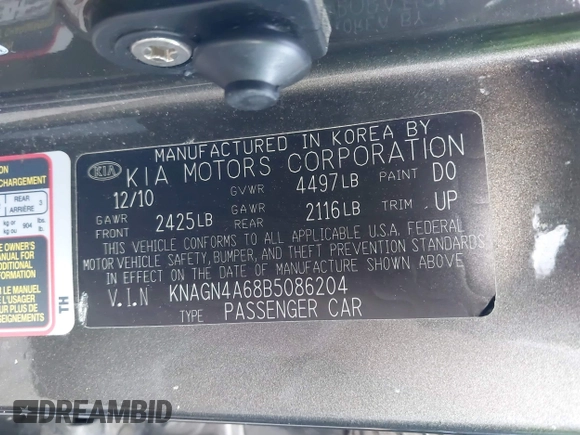 2011 Kia Optima EX with VIN KNAGN4A68B5086204, listed as a IAAI auction lot 41976276 with 177,439 mi miles and . Bid and sale history available at carsss.com. Image 9.