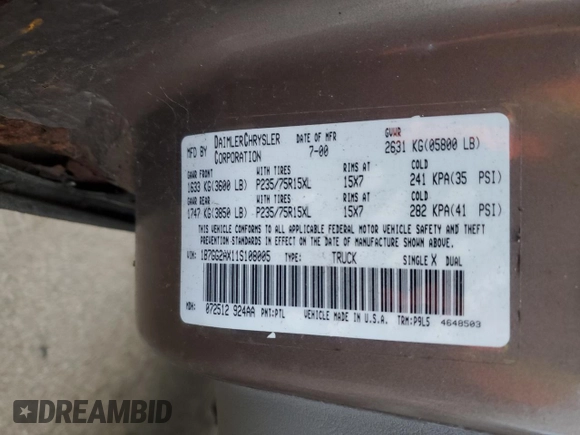 2001 Dodge Dakota z VIN 1B7GG2AX11S108005, wystawiony jako Copart lot #87124934 z przebiegiem 248 482 mil mil oraz Czysty tytuł • Clean title. Historia ofert i sprzedaży dostępna na DreamBid. Obrazek 12.