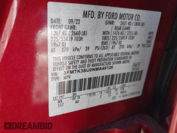 2022 Ford Mustang Mach-E Premium с VIN 3FMTK3SU0NMA49126, выставлен на аукционе IAAI как лот 41363406 с пробегом 16 911 миль миль и . История ставок и продаж доступна на DreamBid. Изображение 9.
