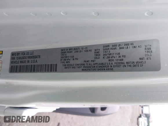 2021 Jeep Wrangler Unlimited Sport S with VIN 1C4HJXDG1MW850478, listed as a IAAI auction lot 42263715 with 31,284 mi miles and . Bid and sale history available at DreamBid. Image 9.