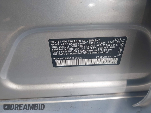 2013 Volkswagen CC Sport with VIN WVWBN7AN3DE553523, listed as a IAAI auction lot 41661320 with 95,085 mi miles and . Bid and sale history available at DreamBid. Image 9.