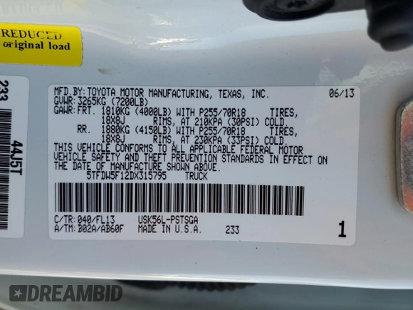 2013 Toyota Tundra 4WD Truck with VIN 5TFDW5F12DX315795, listed as a Copart auction lot 52210045 with 144,106 mi miles and Salvage Title. Bid and sale history available at carsss.com. Image 12.