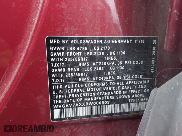 2011 Volkswagen Tiguan SEL w/Premium Navi z VIN WVGAV7AXXBW000903, wystawiony jako IAAI lot #40965481 z przebiegiem 107 918 mil mil oraz . Historia ofert i sprzedaży dostępna na DreamBid. Obrazek 9.