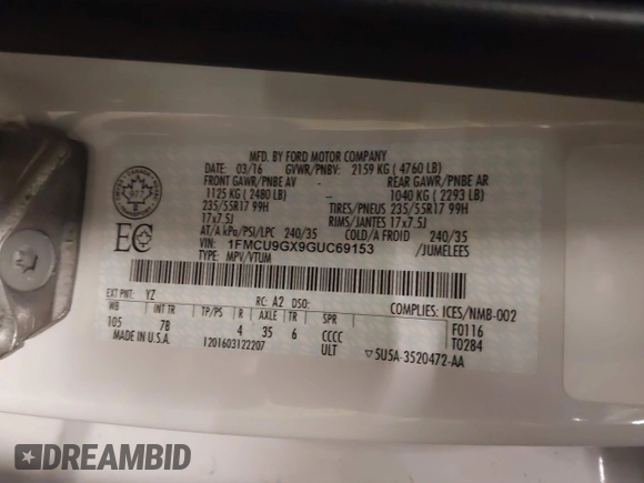 2016 Ford Escape SE with VIN 1FMCU9GX9GUC69153, listed as a IAAI auction lot 41504167 with 149,115 mi miles and . Bid and sale history available at DreamBid. Image 9.
