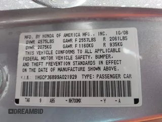 2009 Honda Accord EX-L z VIN 1HGCP36899A021929, wystawiony jako IAAI lot #42408842 z przebiegiem 139 254 mil mil oraz . Historia ofert i sprzedaży dostępna na DreamBid. Obrazek 9.
