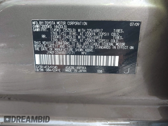 2009 Toyota RAV4 with VIN JTMZF33V69D015171, listed as a IAAI auction lot 42006163 with 122,927 mi miles. Bid and sale history available at carsss.com. Image 9.