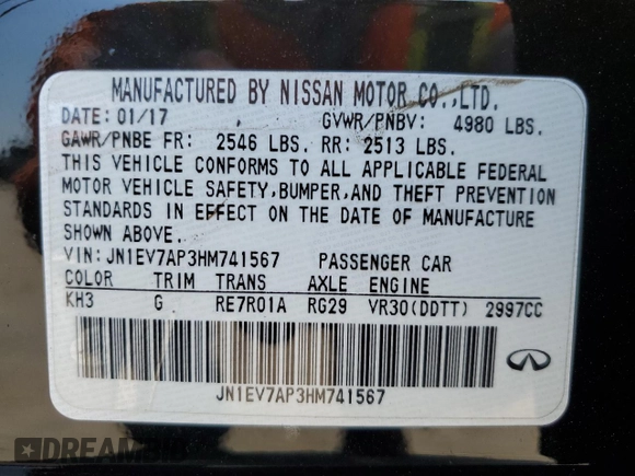 2017 Infiniti Q50 Signature Edition with VIN JN1EV7AP3HM741567, listed as a Copart auction lot 50810775 with 147,330 mi miles and Salvage Title. Bid and sale history available at DreamBid. Image 14.