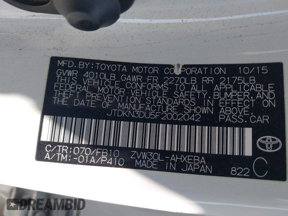 2015 Toyota Prius Four с VIN JTDKN3DU5F2002042, выставлен на аукционе IAAI как лот 42309195 с пробегом 177 951 миль миль и . История ставок и продаж доступна на DreamBid. Изображение 9.