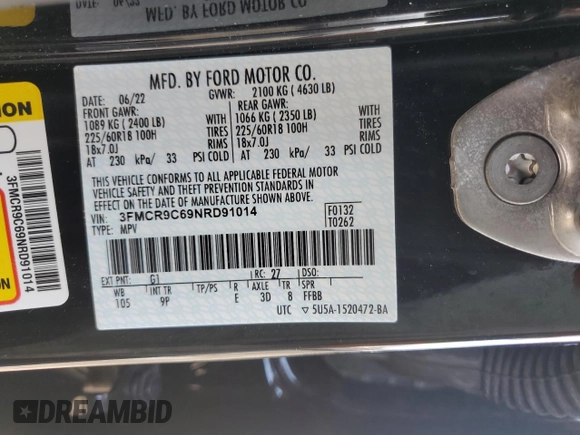 2022 Ford Bronco Sport Outer Banks z VIN 3FMCR9C69NRD91014, wystawiony jako Copart lot #53905875 z przebiegiem 39 277 mil mil oraz Szkoda całkowita • Salvage title. Historia ofert i sprzedaży dostępna na DreamBid. Obrazek 12.