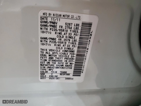 2012 Nissan Murano SV with VIN JN8AZ1MW7CW212706, listed as a Copart auction lot 52689135 with 188,834 mi miles and Salvage Title. Bid and sale history available at carsss.com. Image 13.