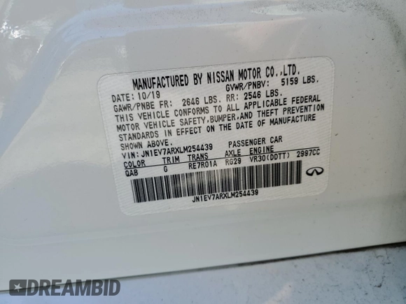 2020 Infiniti Q50 with VIN JN1EV7ARXLM254439, listed as a Copart auction lot 44926835 with 43,146 mi miles and Salvage Title. Bid and sale history available at DreamBid. Image 12.