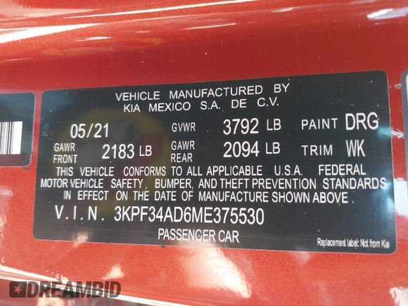 2021 Kia Forte GT-Line with VIN 3KPF34AD6ME375530, listed as a IAAI auction lot 42252365 with 120,247 mi miles and . Bid and sale history available at DreamBid. Image 9.