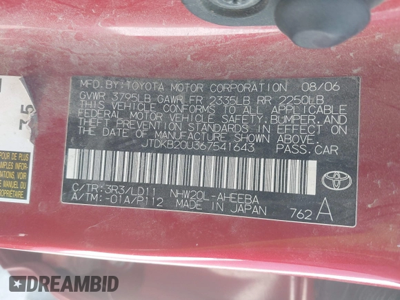 2006 Toyota Prius with VIN JTDKB20U367541643, listed as a IAAI auction lot 42146573 with Not Provided miles. Bid and sale history available at carsss.com. Image 9.