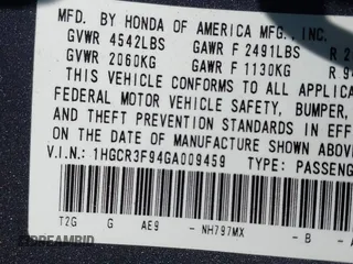 2016 Honda Accord Touring with VIN 1HGCR3F94GA009459, listed as a IAAI auction lot 42597128 with 182,977 mi miles and . Bid and sale history available at DreamBid. Image 9.