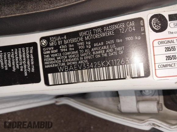 2005 BMW 3 Series 325i with VIN WBAEV33425KX11263, listed as a IAAI auction lot 42656886 with 146,361 mi miles and . Bid and sale history available at DreamBid. Image 9.