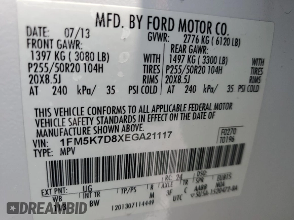 2014 Ford Explorer XLT with VIN 1FM5K7D8XEGA21117, listed as a Copart auction lot 55804625 with 193,665 mi miles and Salvage Title. Bid and sale history available at DreamBid. Image 14.