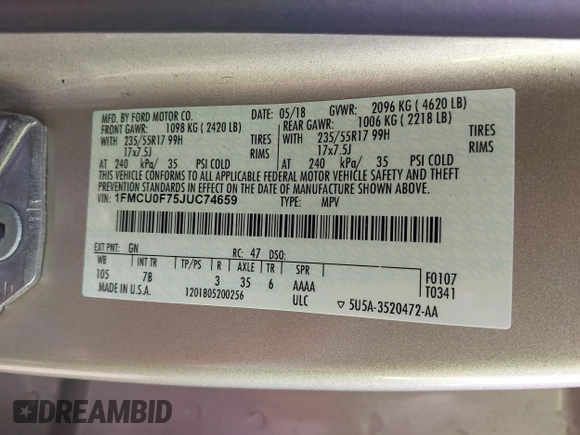 2018 Ford Escape S with VIN 1FMCU0F75JUC74659, listed as a IAAI auction lot 42411914 with 91,909 mi miles and . Bid and sale history available at DreamBid. Image 9.