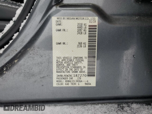 2019 Nissan Altima SL with VIN 1N4BL4EW2KC187270, listed as a Copart auction lot 45157335 with 66,400 mi miles and Salvage Title. Bid and sale history available at DreamBid. Image 12.
