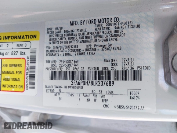 2020 Ford Fusion SE with VIN 3FA6P0H78LR237689, listed as a IAAI auction lot 42492036 with 63,303 mi miles and . Bid and sale history available at DreamBid. Image 9.