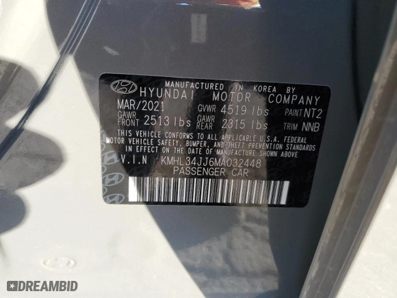 2021 Hyundai Sonata Hybrid SEL with VIN KMHL34JJ6MA032448, listed as a Copart auction lot 48497345 with 57,520 mi miles and Salvage Title. Bid and sale history available at carsss.com. Image 14.