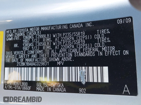 2010 Lexus RX 350 with VIN 2T2BK1BA8AC029831, listed as a IAAI auction lot 41754157 with 179,427 mi miles. Bid and sale history available at carsss.com. Image 9.