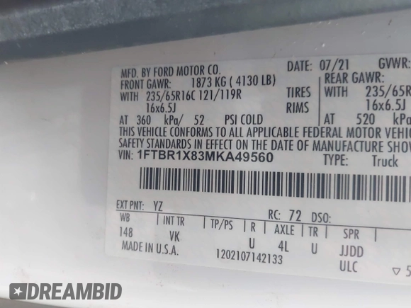 2021 Ford Transit Cargo with VIN 1FTBR1X83MKA49560, listed as a IAAI auction lot 41657997 with 44,518 mi miles and . Bid and sale history available at DreamBid. Image 9.
