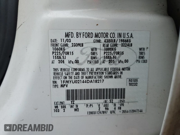 2004 Ford Escape XLS with VIN 1FMYU02144DA18217, listed as a Copart auction lot 43136895 with 135,424 mi miles and Salvage Title. Bid and sale history available at DreamBid. Image 13.