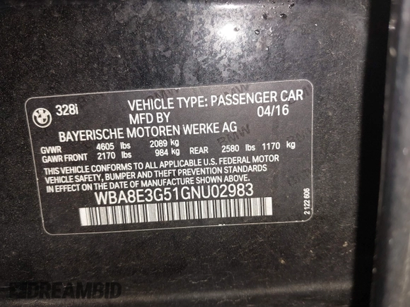 2016 BMW 3 Series 328i xDrive with VIN WBA8E3G51GNU02983, listed as a IAAI auction lot 40755586 with 75,082 mi miles. Bid and sale history available at carsss.com. Image 9.