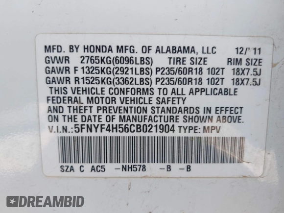 2012 Honda Pilot EX-L with VIN 5FNYF4H56CB021904, listed as a IAAI auction lot 41798179 with 190,617 mi miles and . Bid and sale history available at DreamBid. Image 9.