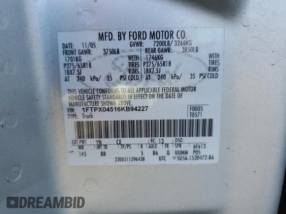 2006 Ford F-150 XLT with VIN 1FTPX04516KB94227, listed as a Copart auction lot 88846855 with 99,475 mi miles and Salvage title. Bid and sale history available at DreamBid. Image 12.