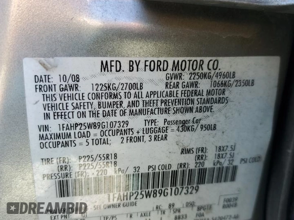 2009 Ford Taurus Limited with VIN 1FAHP25W89G107329, listed as a Copart auction lot 47865605 with 119,235 mi miles and Salvage Title. Bid and sale history available at carsss.com. Image 12.