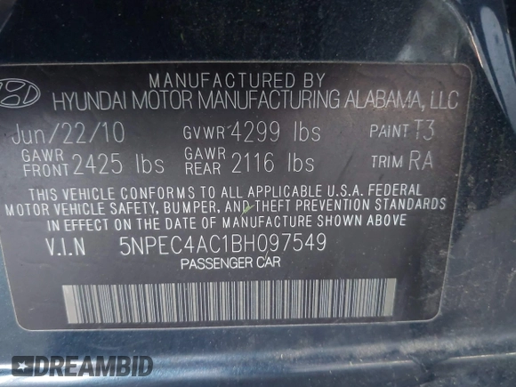 2011 Hyundai Sonata SE with VIN 5NPEC4AC1BH097549, listed as a IAAI auction lot 42028954 with 274,519 mi miles. Bid and sale history available at carsss.com. Image 9.