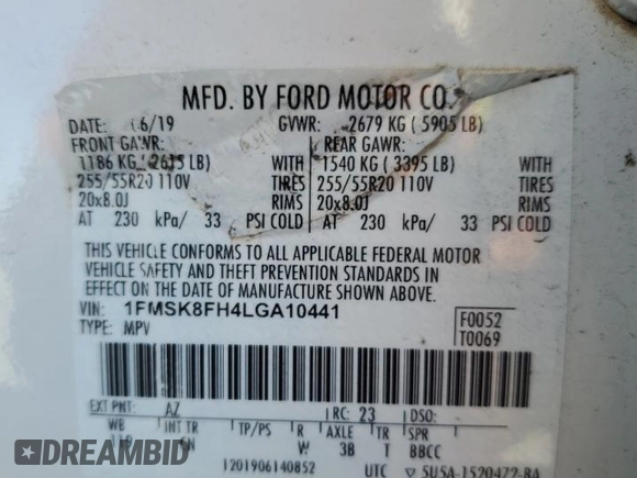 2020 Ford Explorer Limited with VIN 1FMSK8FH4LGA10441, listed as a Copart auction lot 48137415 with 76,246 mi miles and Non Repairable. Bid and sale history available at carsss.com. Image 14.