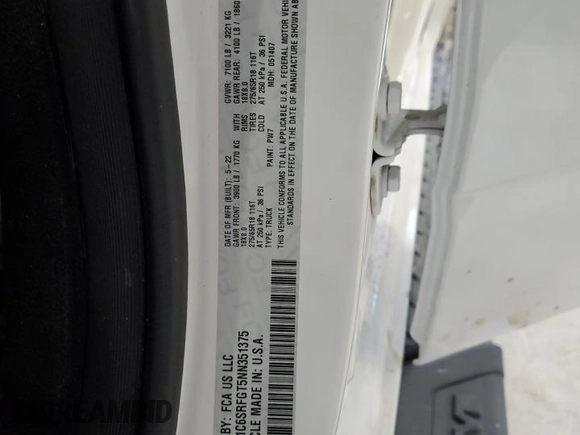 2022 Ram 1500 Tradesman with VIN 1C6SRFGT5NN351375, listed as a Copart auction lot 65354874 with 85,683 mi miles and Salvage title. Bid and sale history available at DreamBid. Image 14.