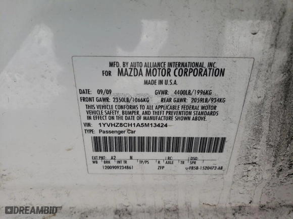 2010 Mazda Mazda6 i Touring with VIN 1YVHZ8CH1A5M13424, listed as a Copart auction lot 88437205 with 85,755 mi miles and Salvage Title. Bid and sale history available at carsss.com. Image 12.