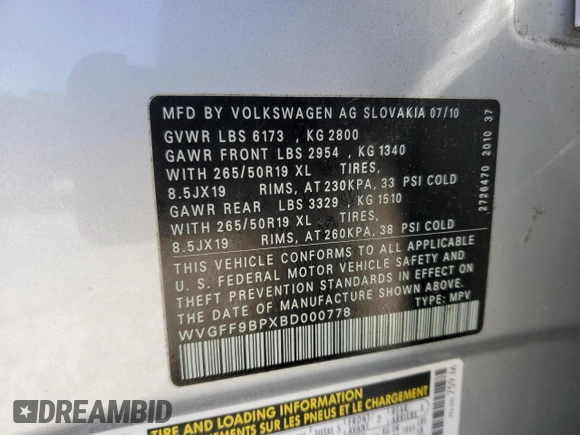 2011 Volkswagen Touareg Sport with VIN WVGFF9BPXBD000778, listed as a Copart auction lot 48529305 with 84,013 mi miles and Non Repairable. Bid and sale history available at DreamBid. Image 13.