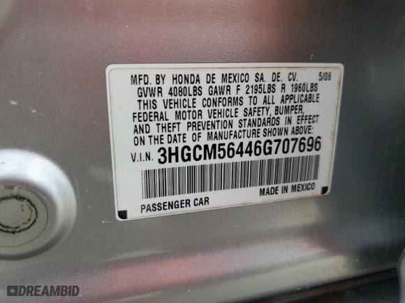2006 Honda Accord Sdn LX with VIN 3HGCM56446G707696, listed as a Copart auction lot 48318945 with 109,380 mi miles and Salvage Title. Bid and sale history available at carsss.com. Image 14.